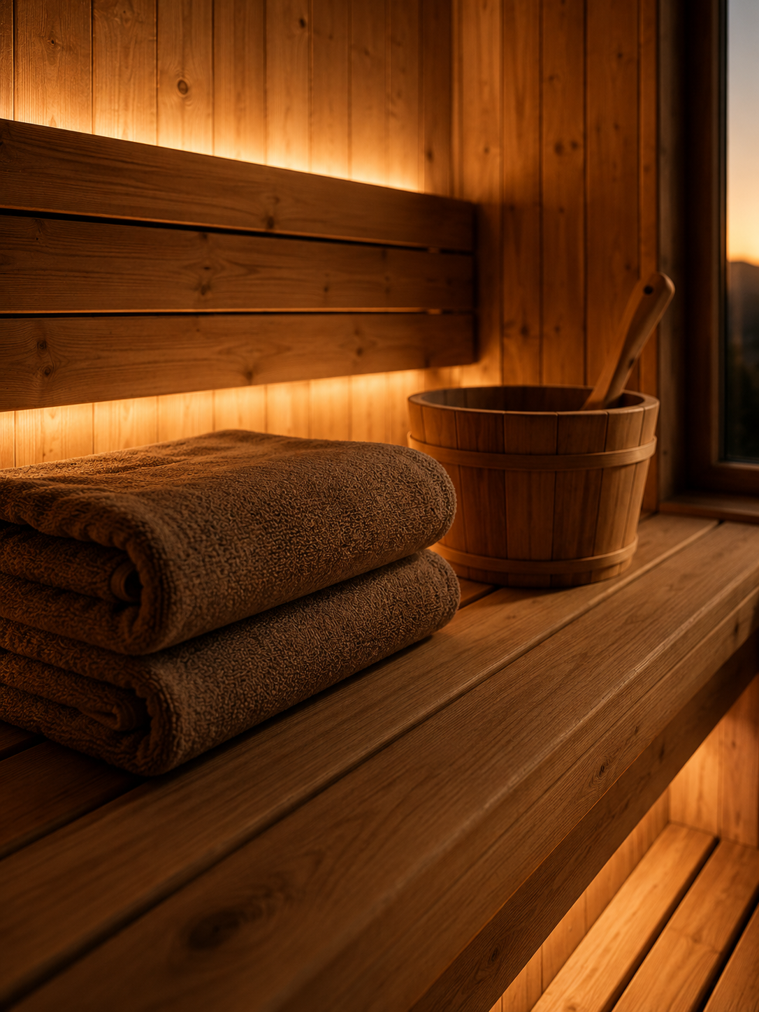 Sauna bench and bucket detail